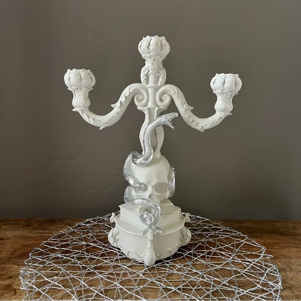Skeleton Skull Spell Books & Snake Whimsical Candelabra Decor NWOT Candle Holder